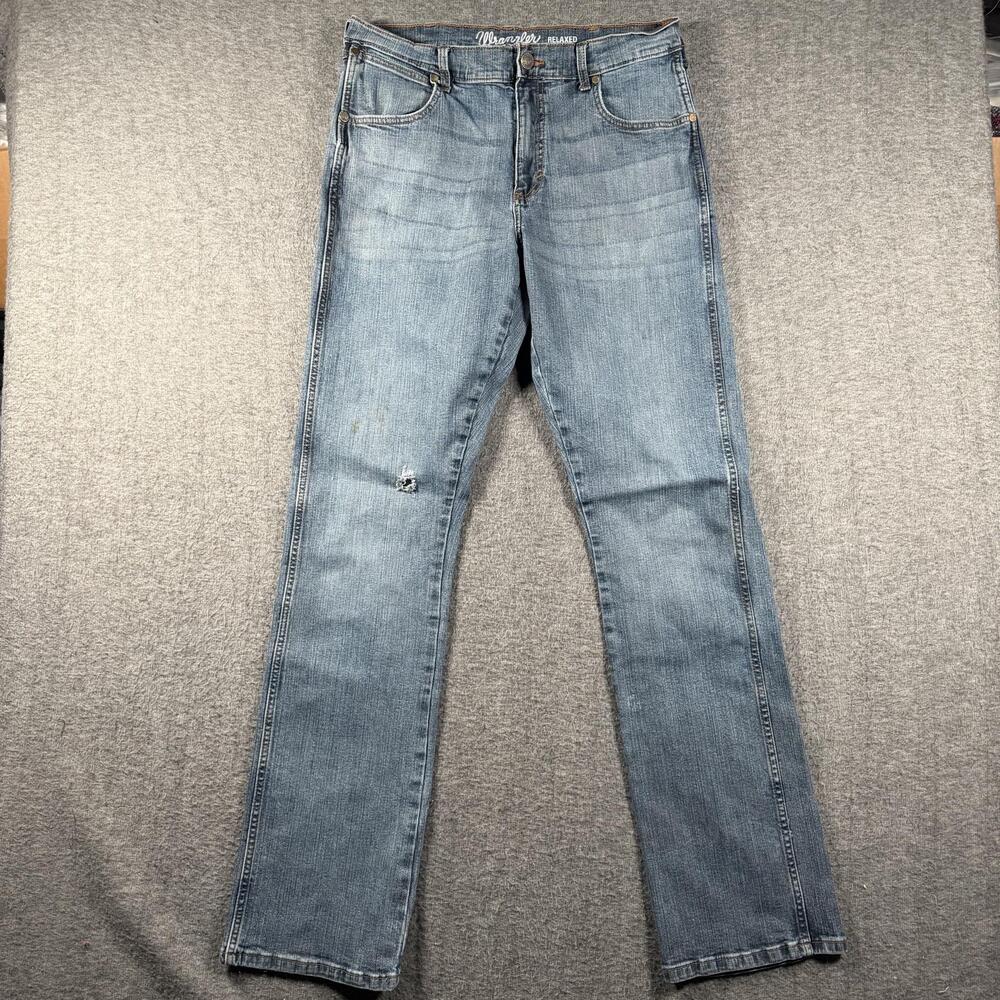 Wrangler Retro Jeans Mens 34x34 Light Wash Relaxed Bootcut Distressed Denim